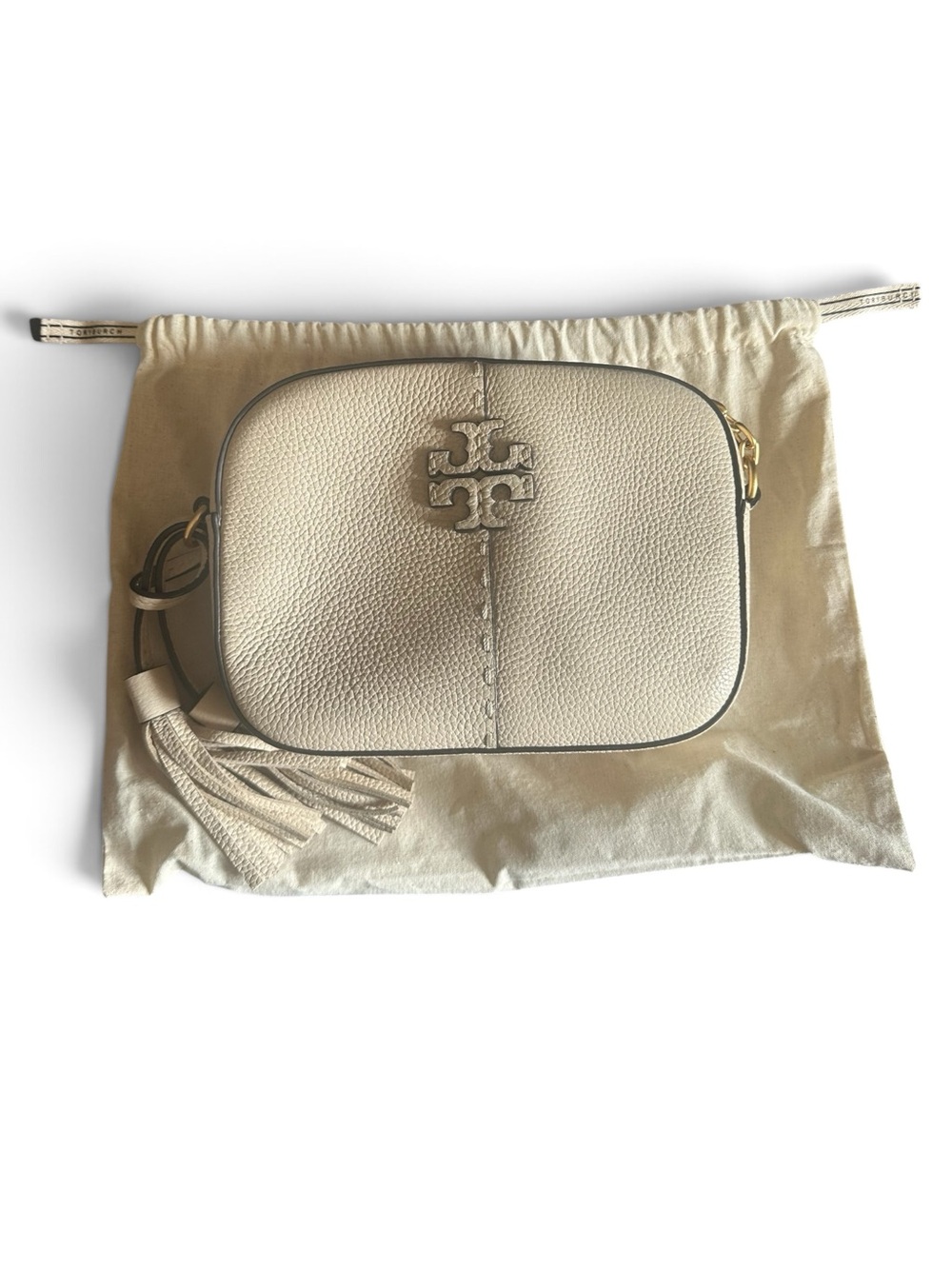 Tory Burch Cream Pebbled Leather Crossbody McGraw Camera Bag with Tassel